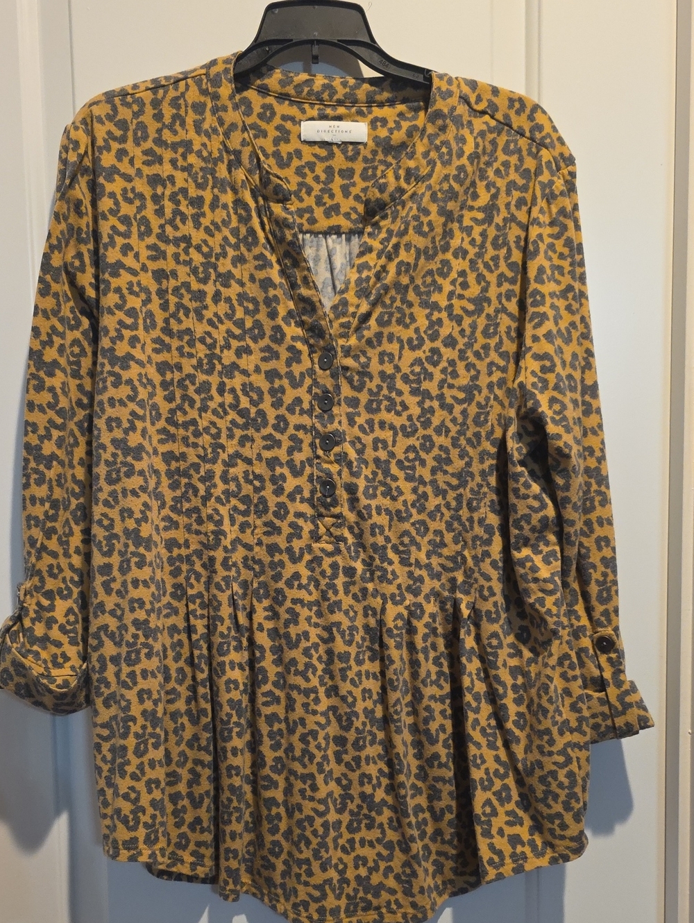 726 New Directions Leopard Print Henley Peplum Tunic - Mustard & Charcoal